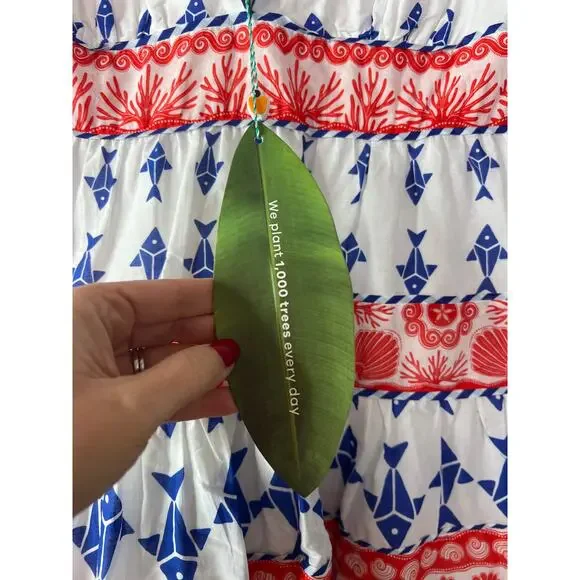 NWT Farm Rio V-neck Shoulder Tie Graphic Fishes Off White Tiered Dress Sz: Small - Picture 4 of 8